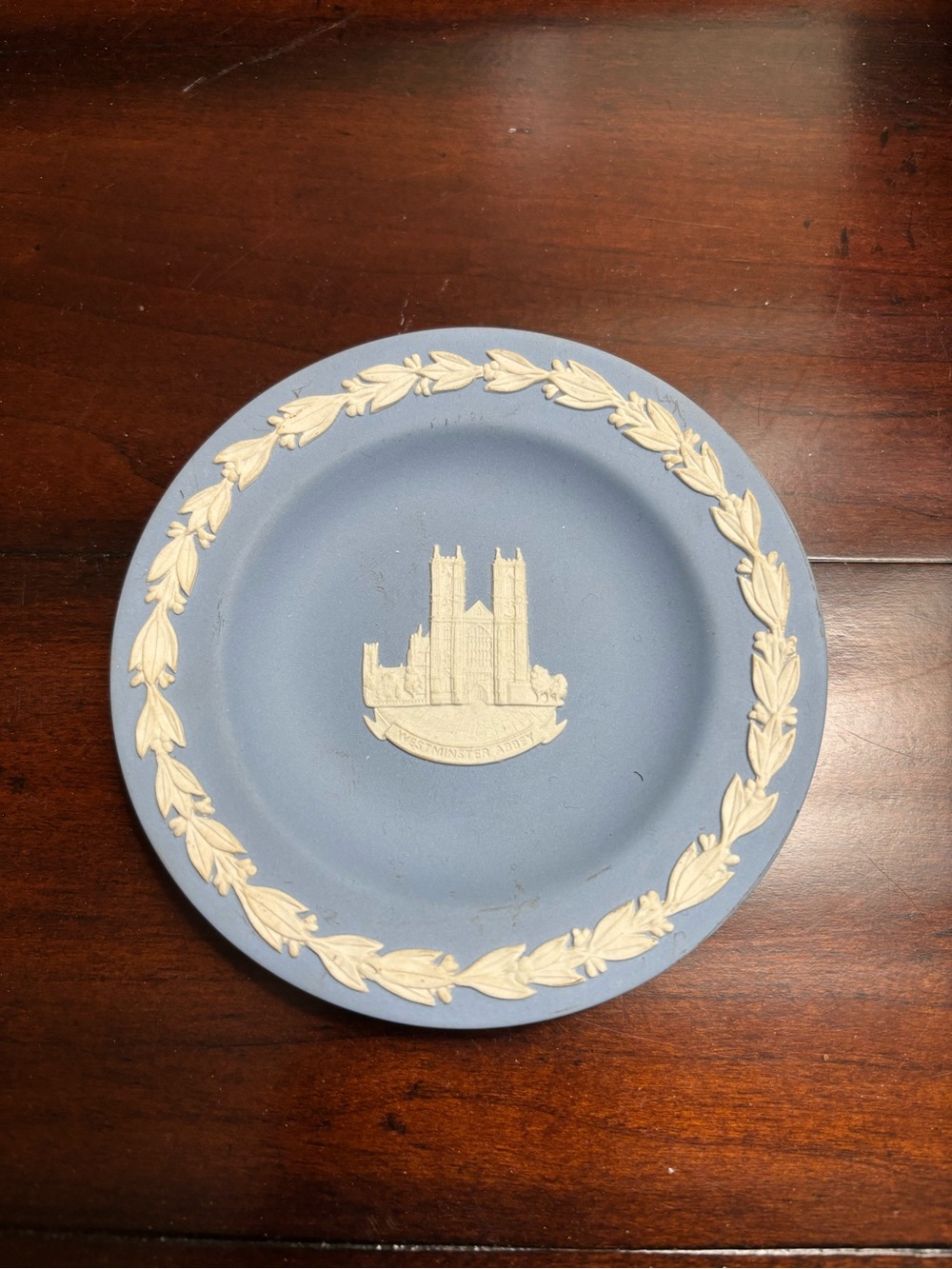 Wedgwood Blue Jasperware Souvenir Dish with White Relief Laurel Border